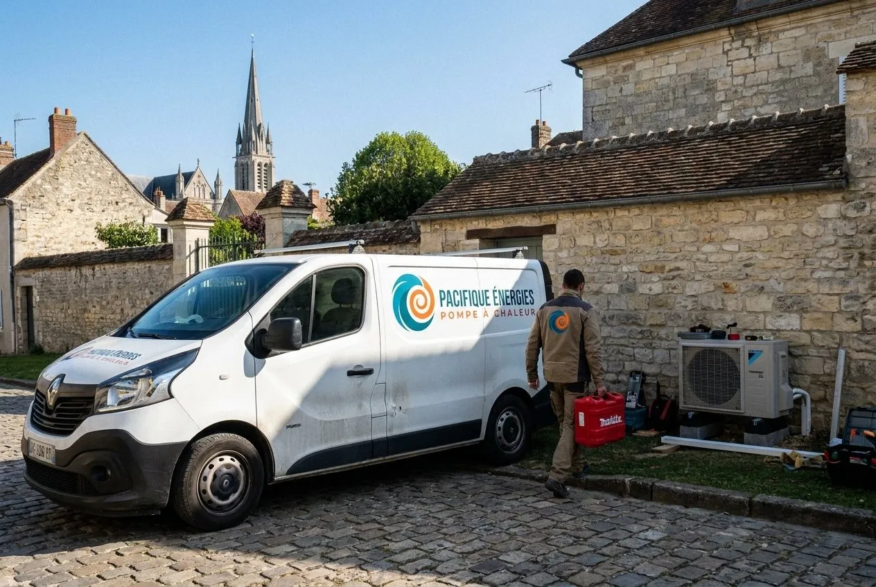 Camionnette Pacifique Énergies garée sur une rue pavée de Senlis, cathédrale au loin