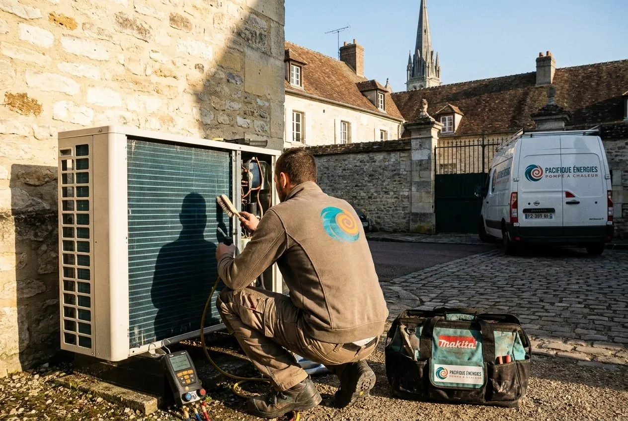 Technicien Pacifique Énergies en entretien d'une pompe à chaleur air/eau devant une maison en pierre à Senlis