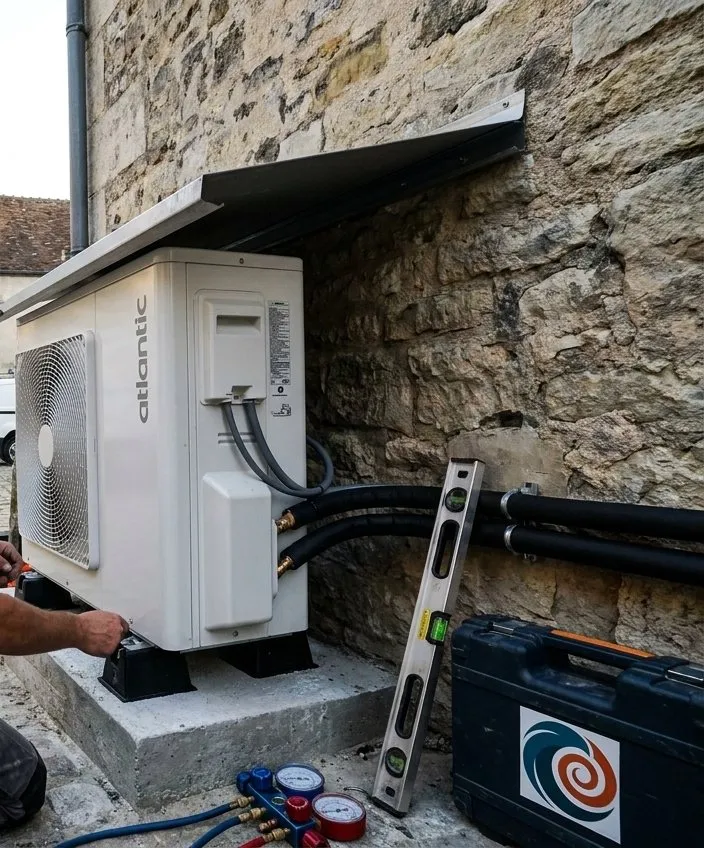 Raccordement d'une unité extérieure de pompe à chaleur air/eau contre un mur en pierre à Senlis